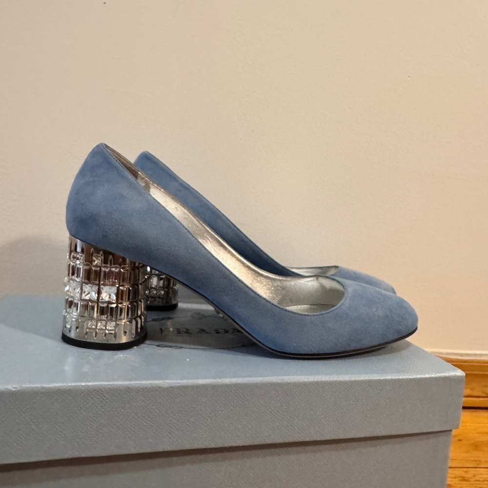 PRADA stunning blue suede sparkle block heel pumps with box